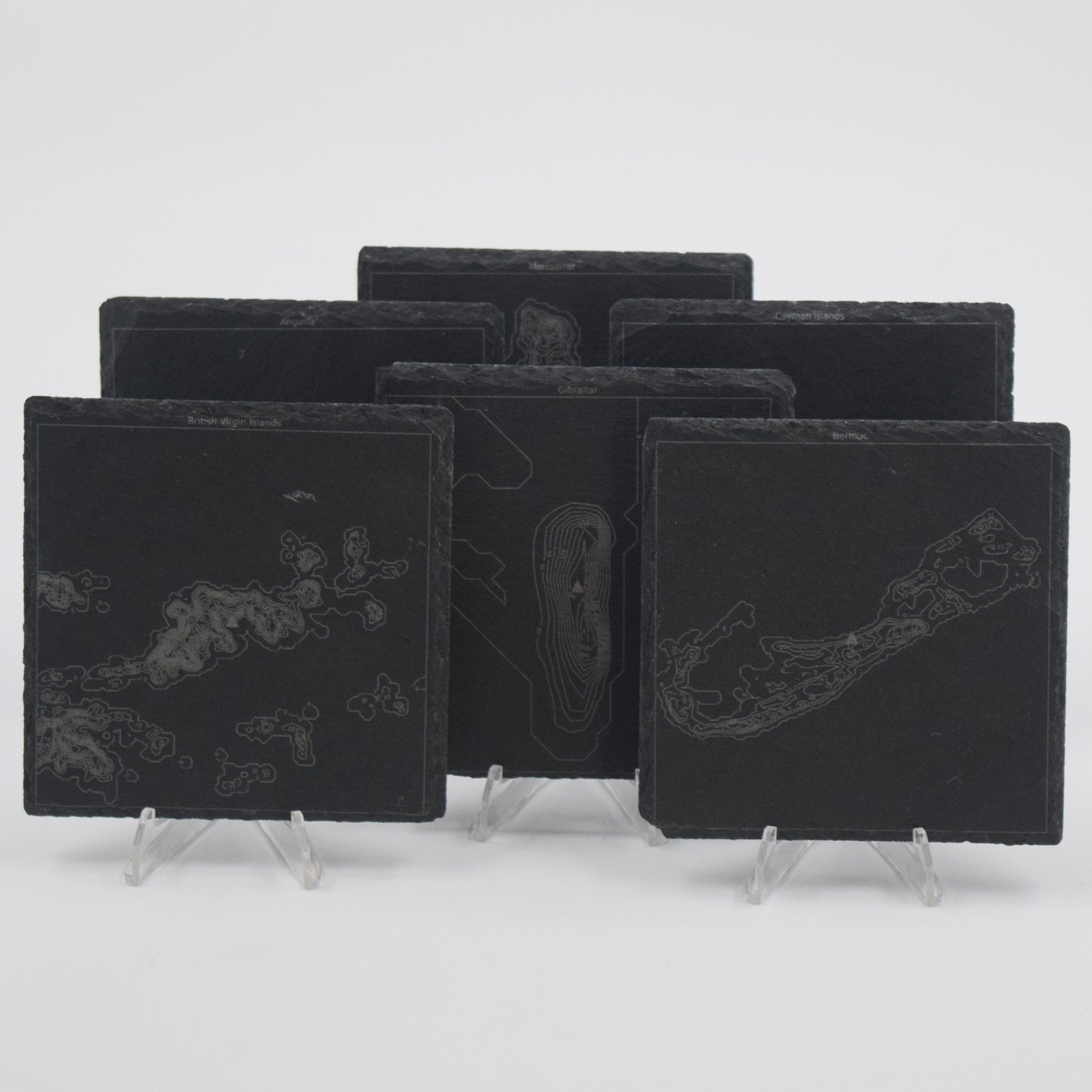 British Overseas Territory • Contour Map, Slate Coasters Featuring UK BOT Landmarks