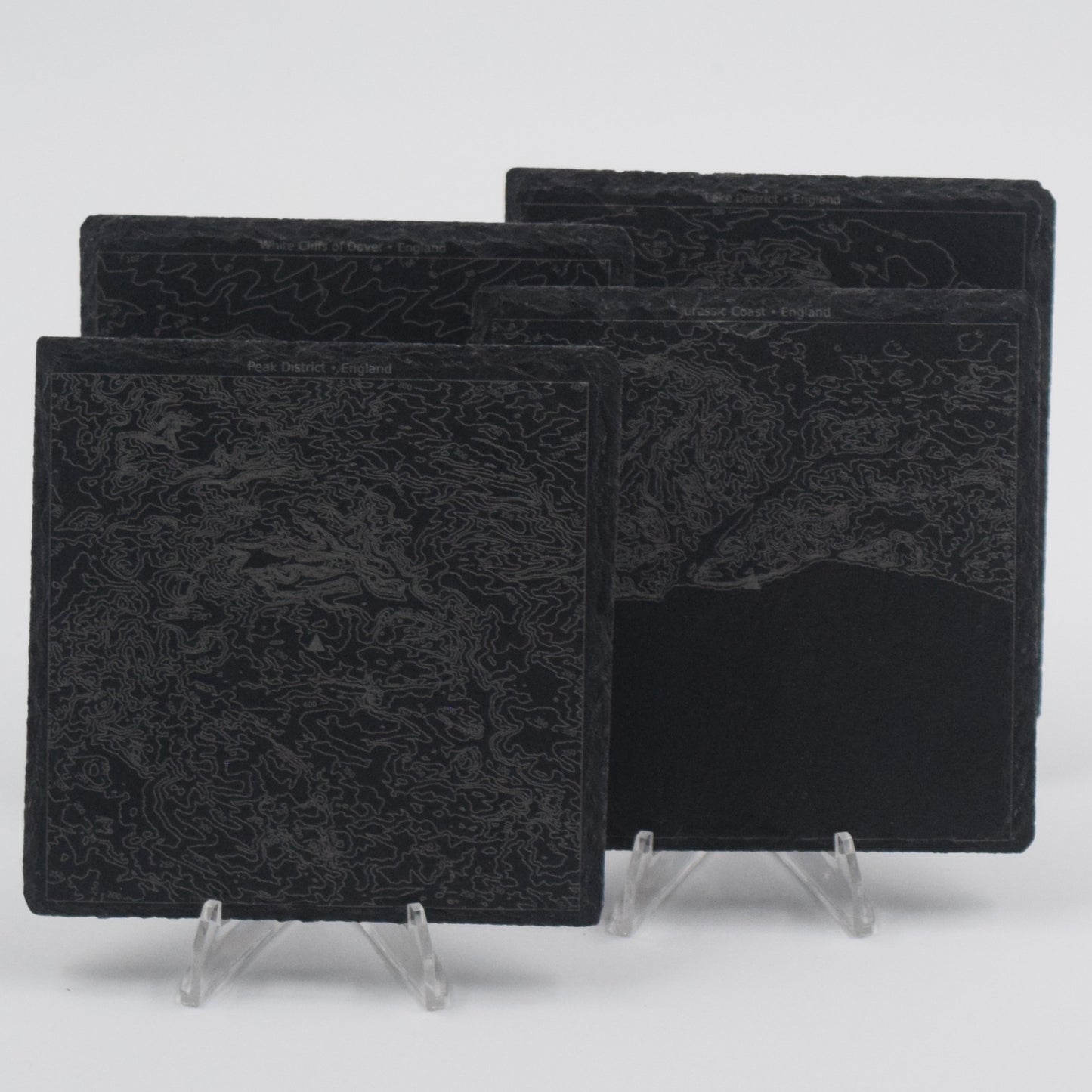 England • Contour Map, Slate Coasters Featuring English Landmarks