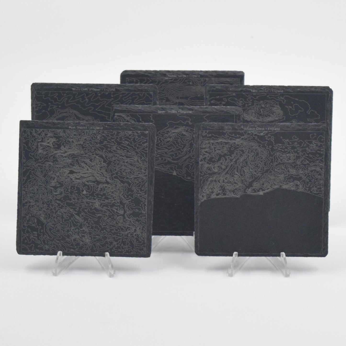 England • Contour Map, Slate Coasters Featuring English Landmarks