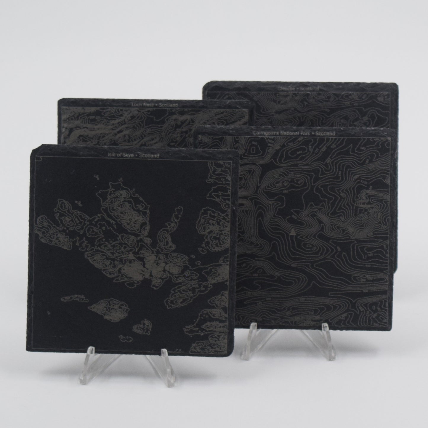 Scotland • Contour Map, Slate Coasters Featuring Scottish Landmarks