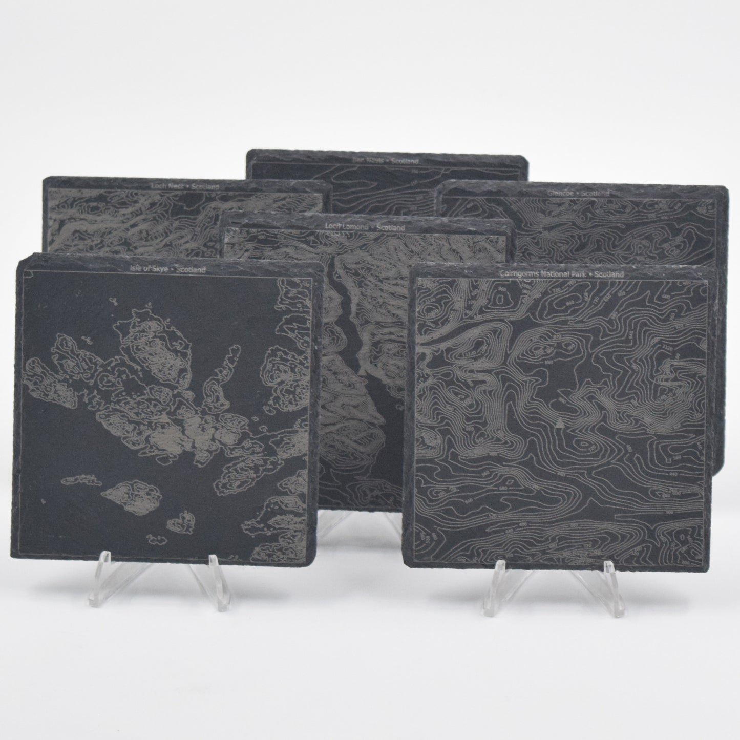 Scotland • Contour Map, Slate Coasters Featuring Scottish Landmarks