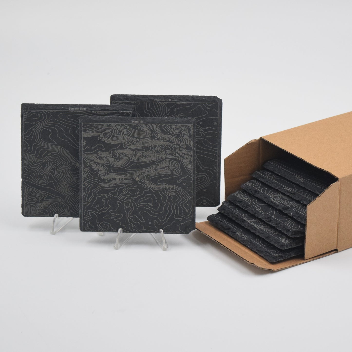 Peak District • Contour Map, Slate Coasters Featuring Derbyshire Landmarks