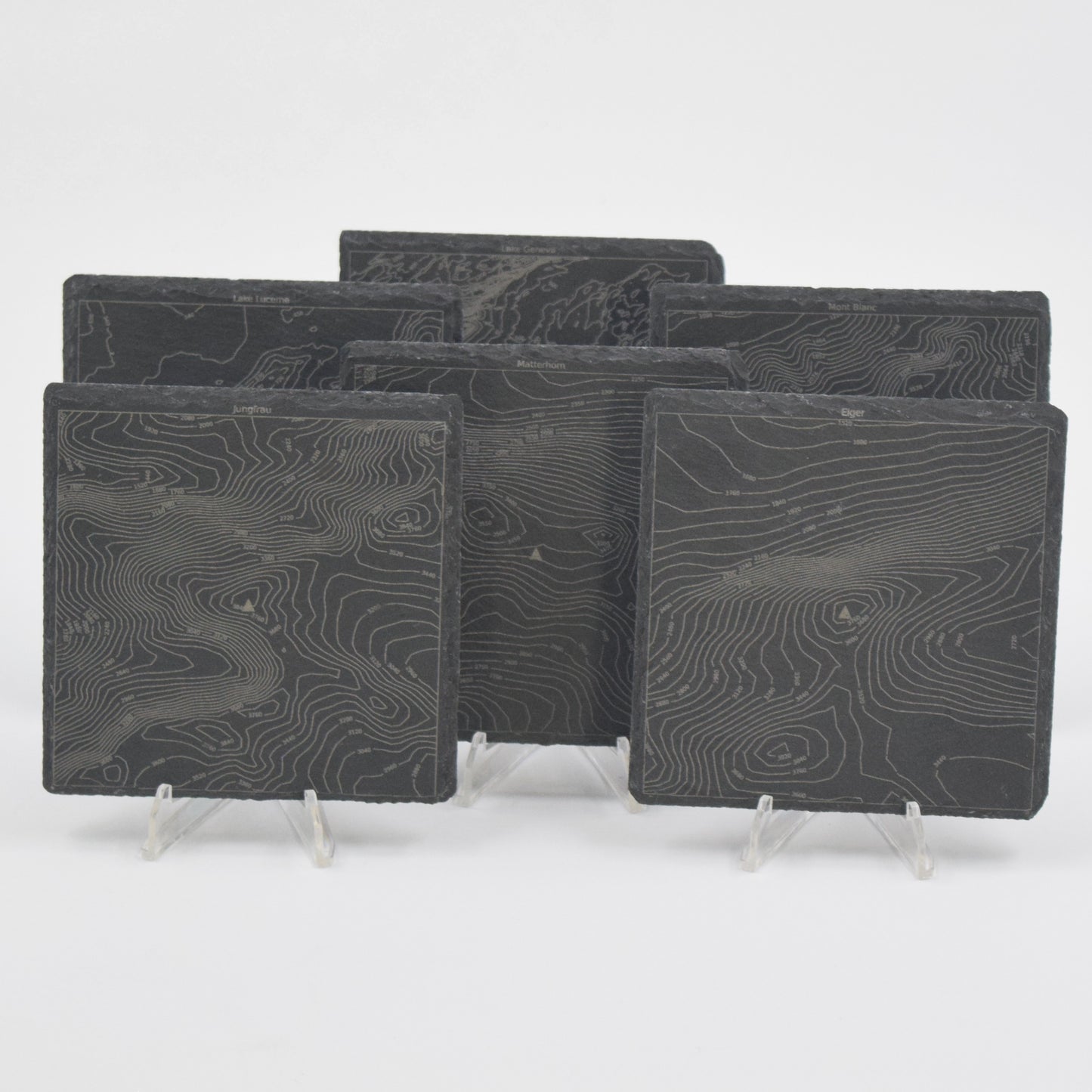 Switzerland • Contour Map, Slate Coasters Featuring Swiss Landmarks