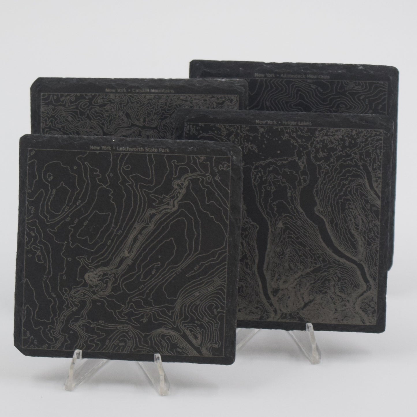 New York • Contour Map, Slate Coasters Featuring New York State Landmarks