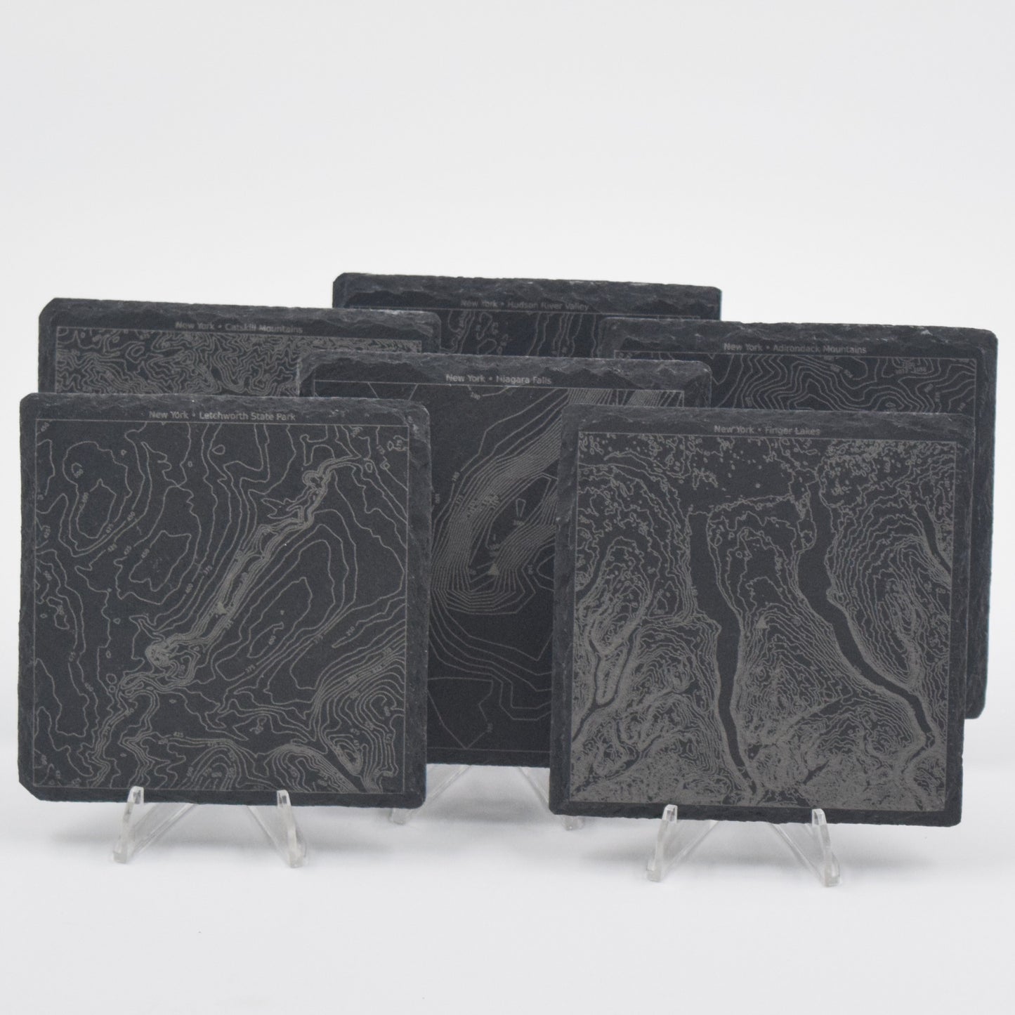 New York • Contour Map, Slate Coasters Featuring New York State Landmarks