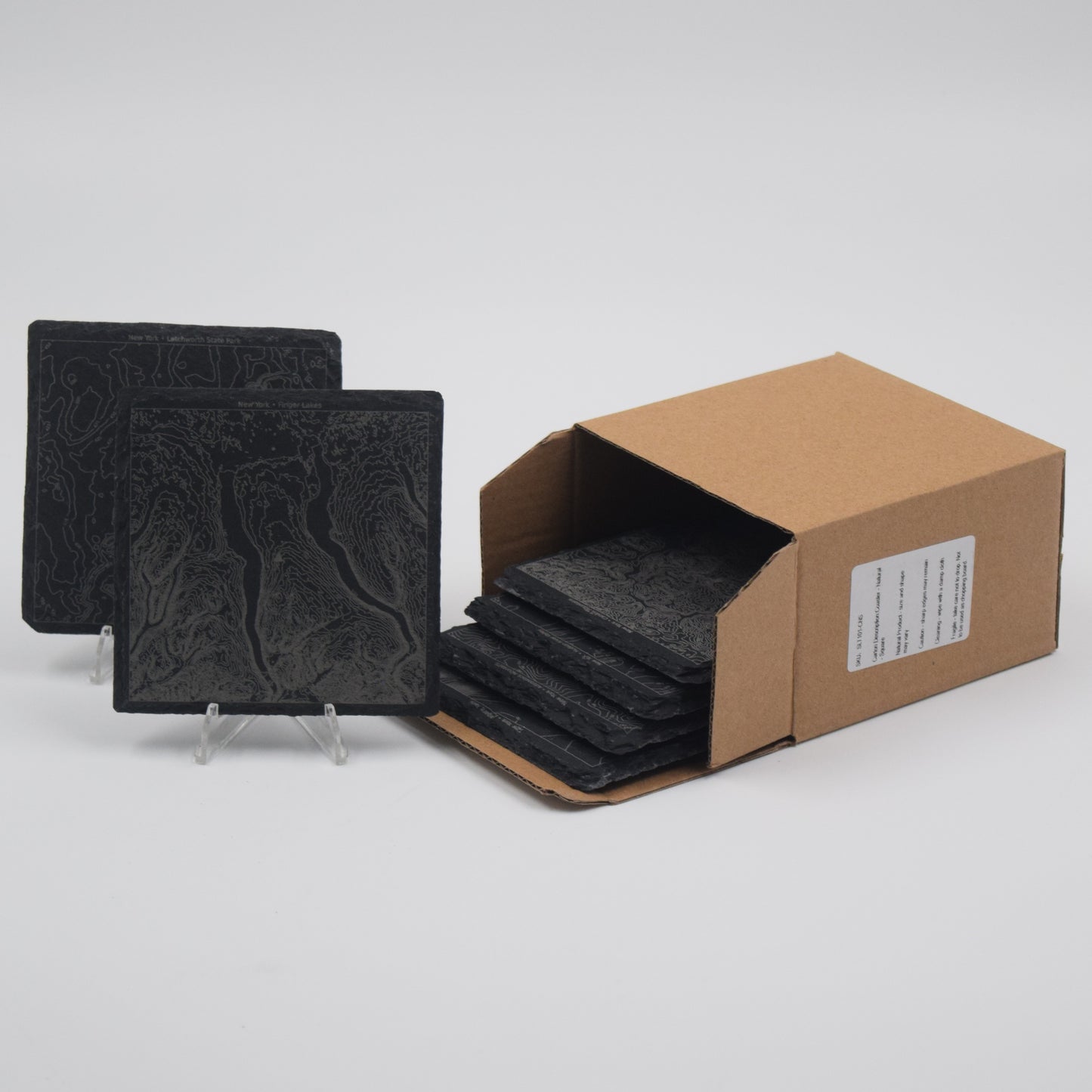 New York • Contour Map, Slate Coasters Featuring New York State Landmarks