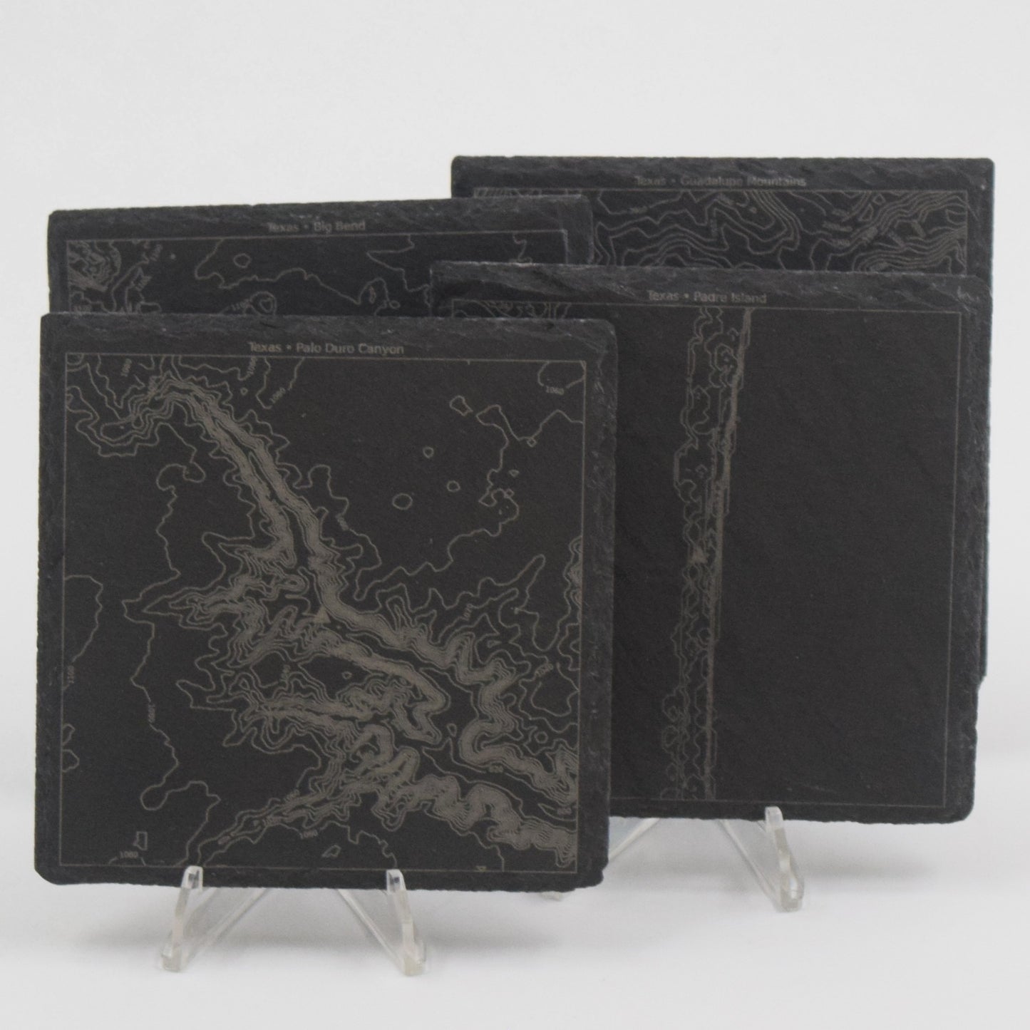 Texas • Contour Map, Slate Coasters Featuring Texan Landmarks